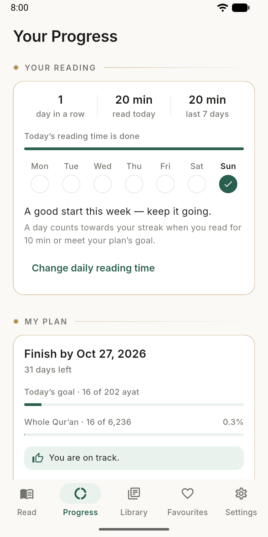 Your Progress: a one-day streak, 20 minutes read today, the days of the week, and the plan’s goal for today.