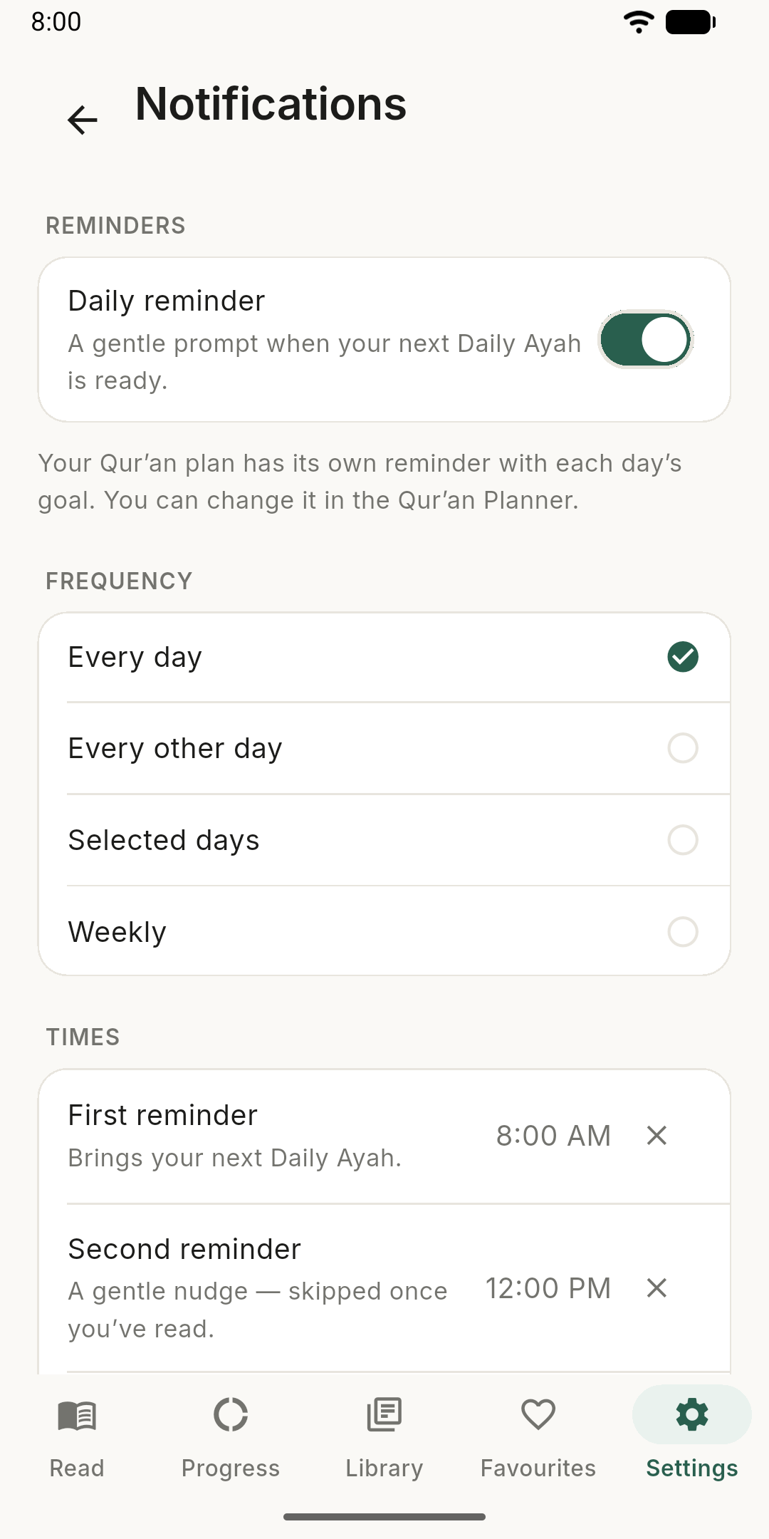 Notification settings: a daily reminder, how often it comes, and two reminder times.